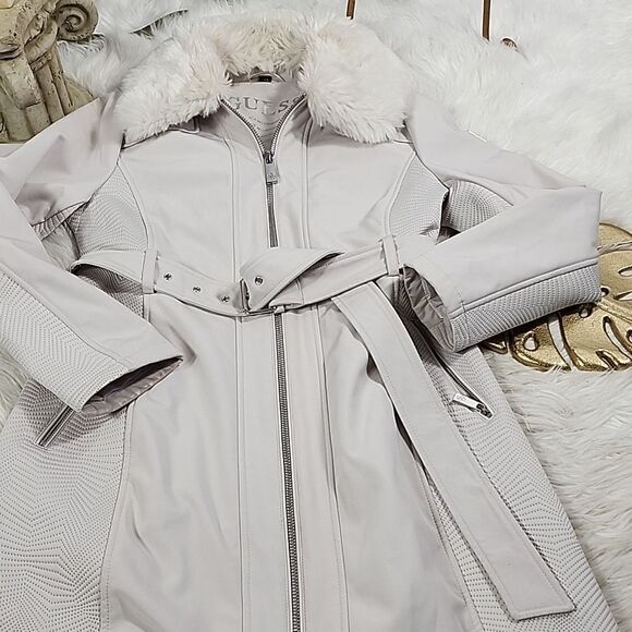 Scandi Girl Guess Winter White Trench Coat Detachable Faux Fur Collar Size L - Picture 1 of 15